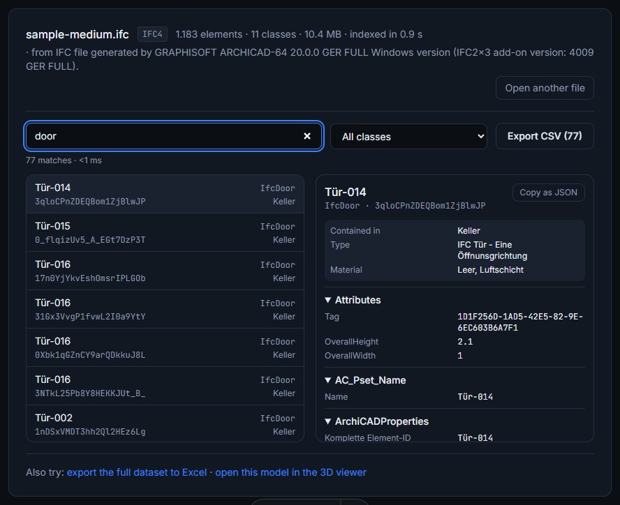 Searching IFC properties by element name in the browser-based IFC properties explorer, no 3D loaded