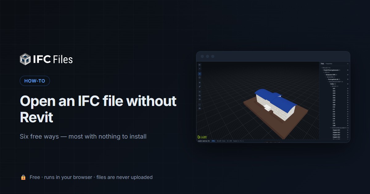 How to open an IFC file without Revit — browser-based IFC viewer with the model tree expanded
